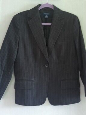 Ann Taylor Black w Gray Pin Stripes Notch Collar One Button Blazer Jacket Size 8